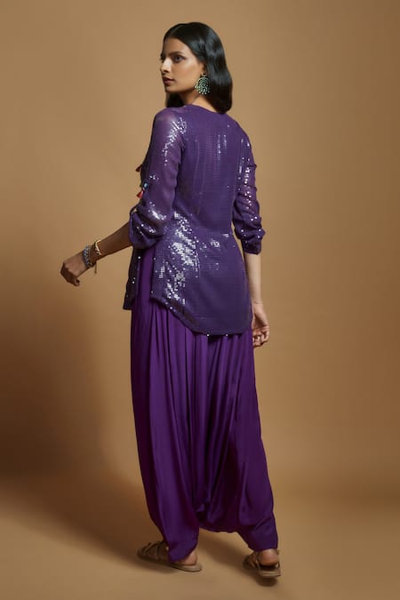 Shop_Style Junkiie_Purple Crepe Mirrors High Waisted Patiala Pant _at_Aza_Fashions