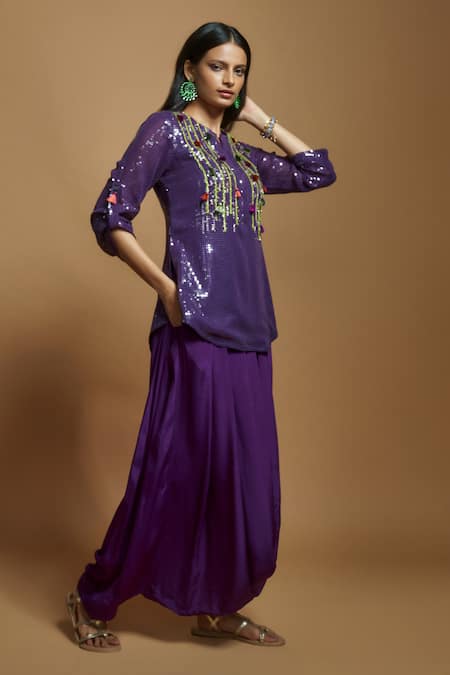 Style Junkiie_Purple Crepe Mirrors High Waisted Patiala Pant _Online_at_Aza_Fashions