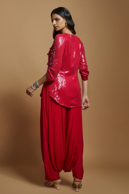 Shop_Style Junkiie_Red Crepe High Waisted Plain Patiala Pant _at_Aza_Fashions