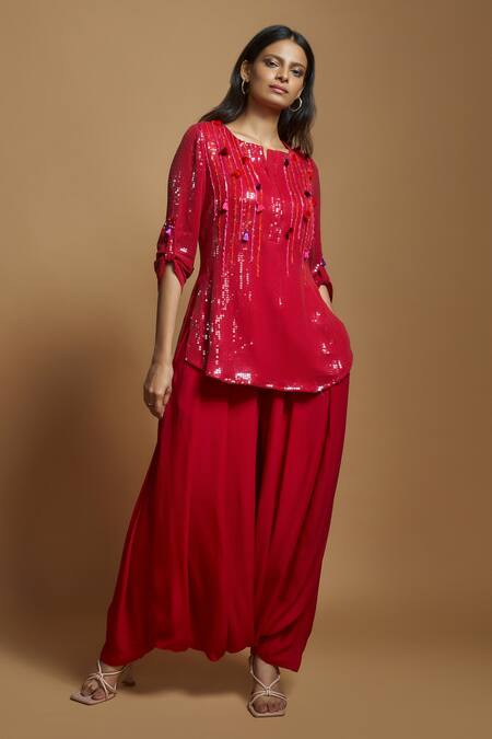 Style Junkiie_Red Crepe High Waisted Plain Patiala Pant _Online_at_Aza_Fashions