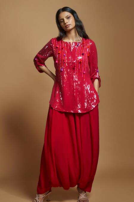 Buy_Style Junkiie_Red Crepe High Waisted Plain Patiala Pant _Online_at_Aza_Fashions
