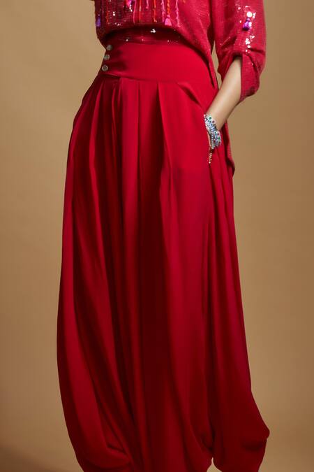 Shop_Style Junkiie_Red Crepe High Waisted Plain Patiala Pant _Online_at_Aza_Fashions