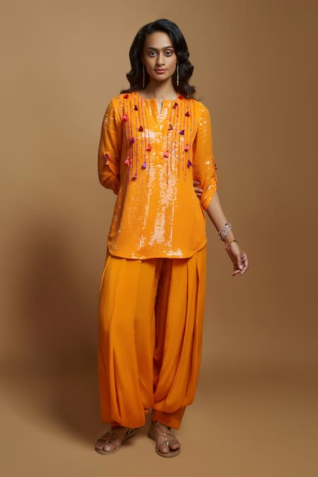 Style Junkiie_Orange Silk Sequins, Tassels Split V-neck Embellished Short Tunic _Online_at_Aza_Fashions