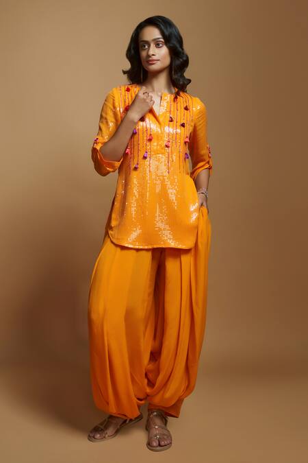 Buy_Style Junkiie_Orange Silk Sequins, Tassels Split V-neck Embellished Short Tunic _Online_at_Aza_Fashions
