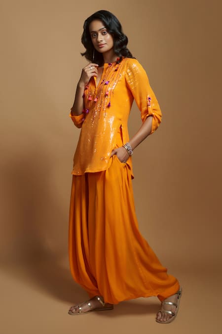Shop_Style Junkiie_Orange Silk Sequins, Tassels Split V-neck Embellished Short Tunic _Online_at_Aza_Fashions