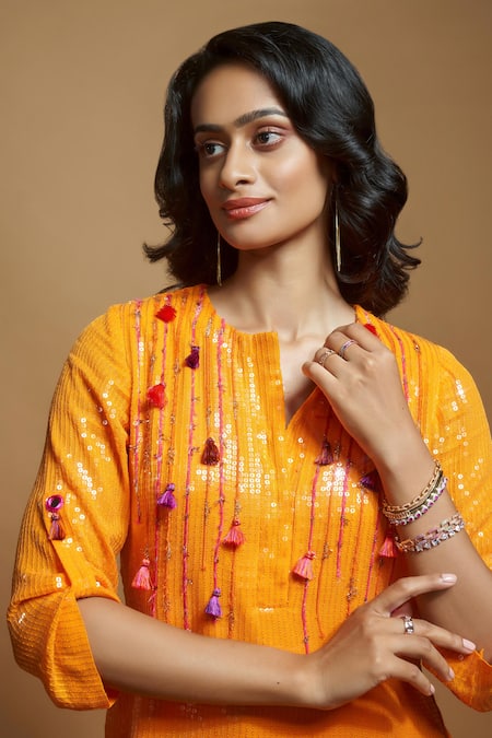Style Junkiie_Orange Silk Sequins, Tassels Split V-neck Embellished Short Tunic _at_Aza_Fashions