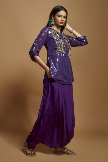 Style Junkiie_Purple Silk Sequins, Tassels Round Neck Embellished Tunic _Online_at_Aza_Fashions