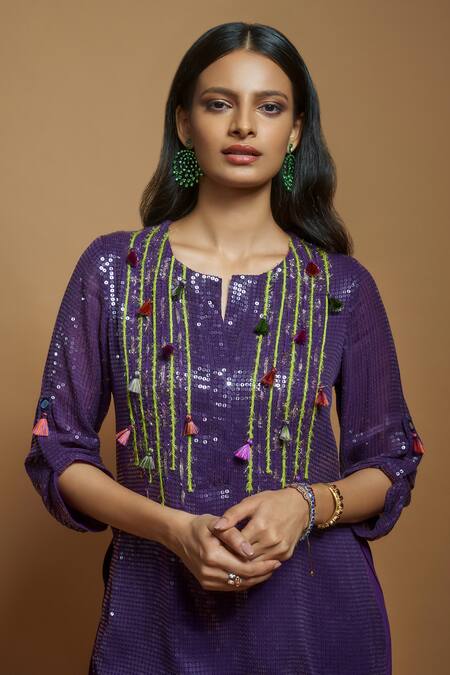 Buy_Style Junkiie_Purple Silk Sequins, Tassels Round Neck Embellished Tunic _Online_at_Aza_Fashions