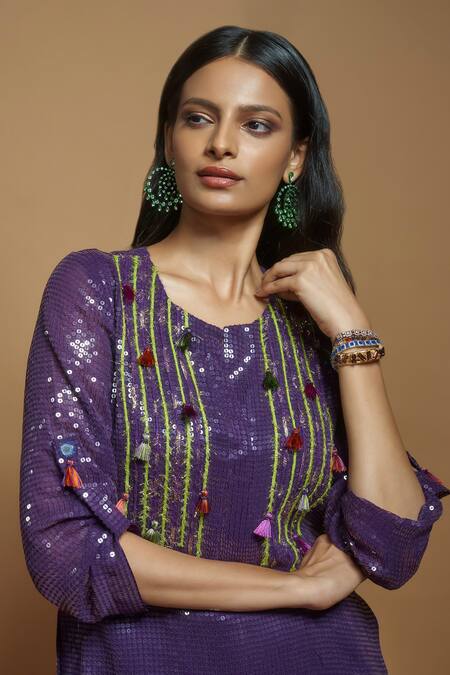 Shop_Style Junkiie_Purple Silk Sequins, Tassels Round Neck Embellished Tunic _Online_at_Aza_Fashions