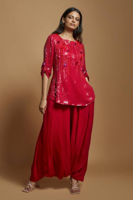 Style Junkiie_Red Silk Sequins, Tassels Split V-neck Tonal Embellished Tunic _Online_at_Aza_Fashions
