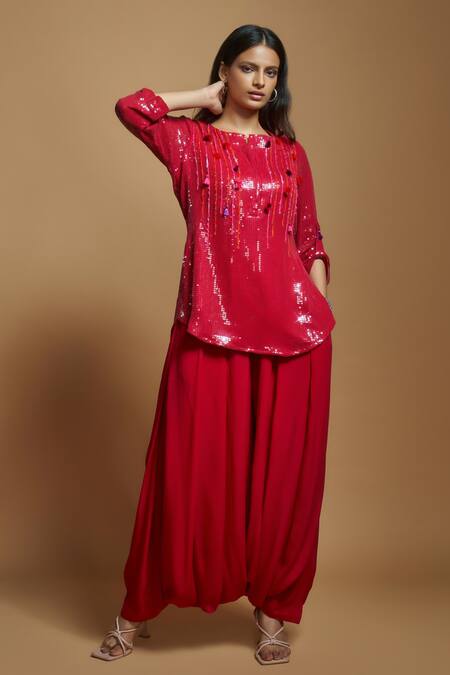 Buy_Style Junkiie_Red Silk Sequins, Tassels Split V-neck Tonal Embellished Tunic _Online_at_Aza_Fashions