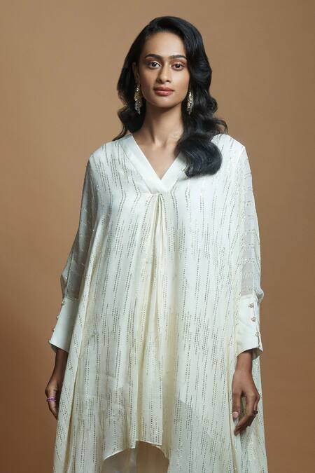Style Junkiie_Ivory Georgette Gota Patti V-neck Work Asymmetric Tunic _at_Aza_Fashions