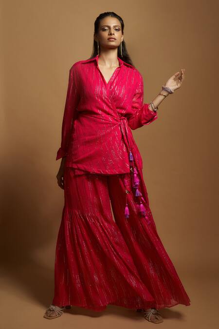 Style Junkiie_Pink Georgette Embroidered Gota Work Spread Collar Wrap Tunic _at_Aza_Fashions