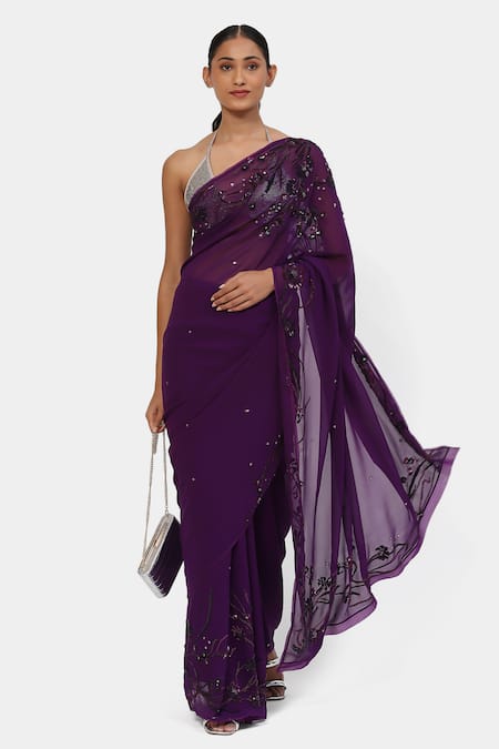 Satya Paul Floral Sequin Embroidered Saree With Running Blouse 
