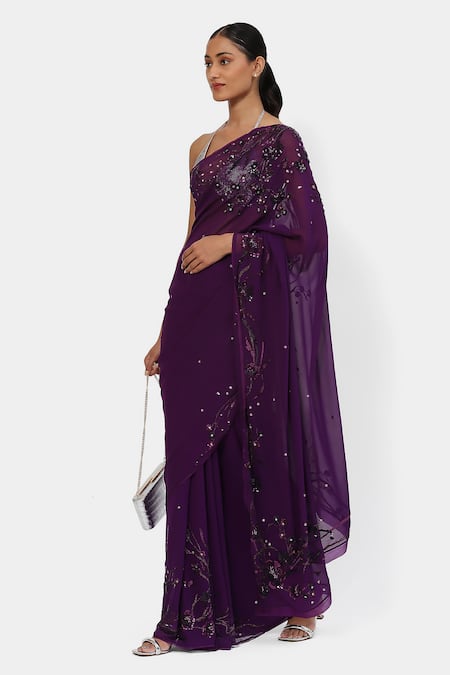 Satya Paul_Purple Satin, Georgette Sequins Floral Embroidered Saree With Running Blouse _Online_at_Aza_Fashions