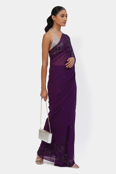 Buy_Satya Paul_Purple Satin, Georgette Sequins Floral Embroidered Saree With Running Blouse _Online_at_Aza_Fashions