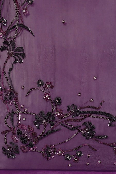 Satya Paul_Purple Satin, Georgette Sequins Floral Embroidered Saree With Running Blouse _at_Aza_Fashions
