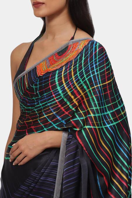 Shop_Satya Paul_Blue Satin, Georgette Embroidery Cabaret Pattern Saree With Running Blouse _Online_at_Aza_Fashions