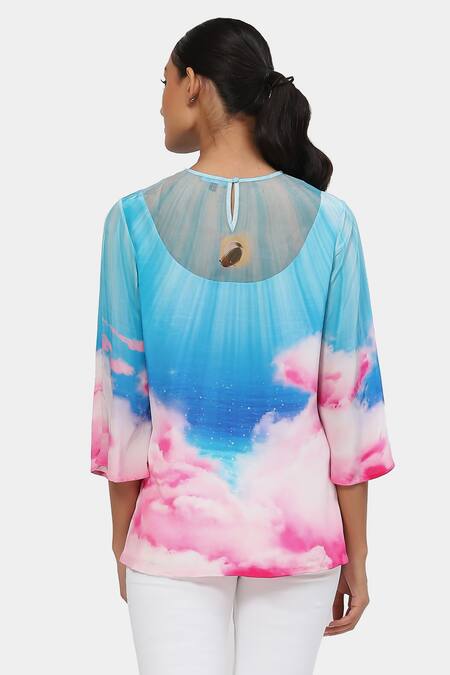 Shop Satya Paul Blue Organza Round Neck Ethereal Cloud Pattern Top at Aza Fashions Shop_Satya Paul_Blue Organza Round Neck Ethereal Cloud Pattern Top _at_Aza_Fashions