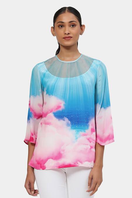Satya Paul Blue Organza Round Neck Ethereal Cloud Pattern Top Online at Aza Fashions Satya Paul_Blue Organza Round Neck Ethereal Cloud Pattern Top _Online_at_Aza_Fashions