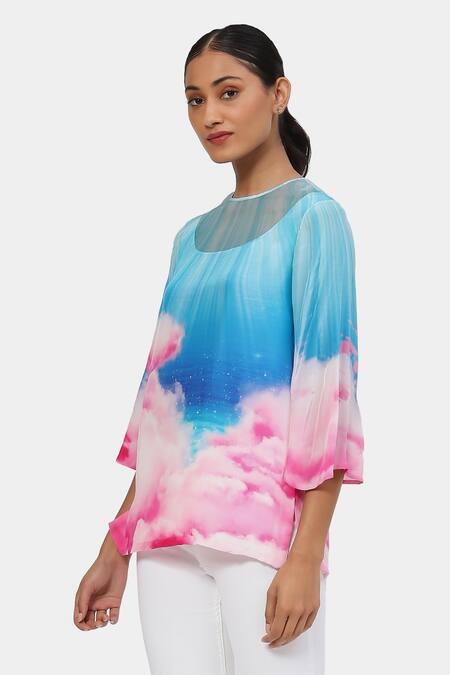 Buy Satya Paul Blue Organza Round Neck Ethereal Cloud Pattern Top Online at Aza Fashions Buy_Satya Paul_Blue Organza Round Neck Ethereal Cloud Pattern Top _Online_at_Aza_Fashions