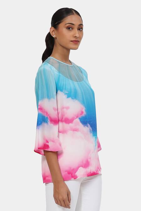 Shop Satya Paul Blue Organza Round Neck Ethereal Cloud Pattern Top Online at Aza Fashions Shop_Satya Paul_Blue Organza Round Neck Ethereal Cloud Pattern Top _Online_at_Aza_Fashions