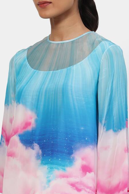 Satya Paul Blue Organza Round Neck Ethereal Cloud Pattern Top at Aza Fashions Satya Paul_Blue Organza Round Neck Ethereal Cloud Pattern Top _at_Aza_Fashions