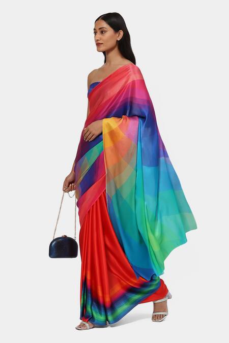 Satya Paul Pink Satin, Georgette Punch Drunk Love Printed Saree With Running Blouse Online at Aza Fashions Satya Paul_Pink Satin, Georgette Punch Drunk Love Printed Saree With Running Blouse_Online_at_Aza_Fashions