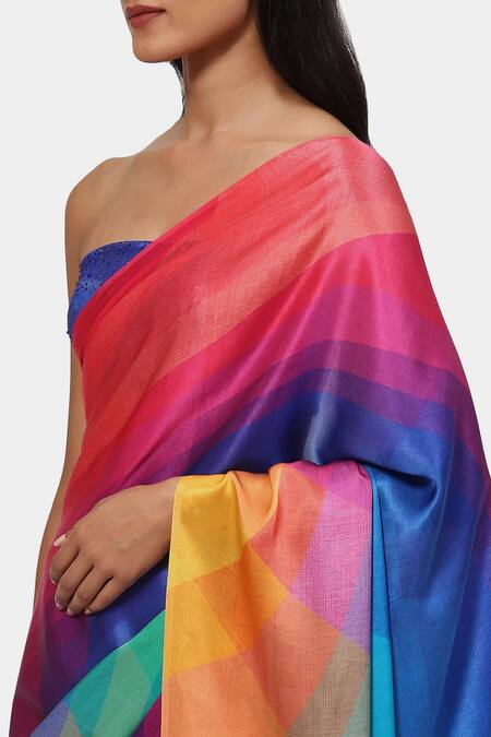 Shop Satya Paul Pink Satin, Georgette Punch Drunk Love Printed Saree With Running Blouse Online at Aza Fashions Shop_Satya Paul_Pink Satin, Georgette Punch Drunk Love Printed Saree With Running Blouse_Online_at_Aza_Fashions