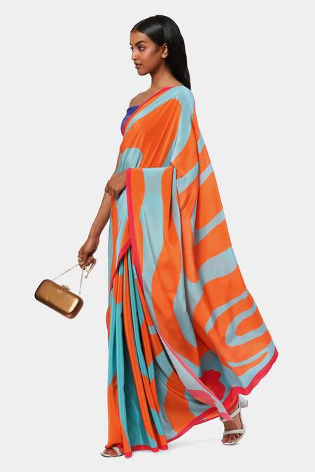 Satya Paul Orange Satin, Georgette Hawaii Printed Saree With Running Blouse Online at Aza Fashions Satya Paul_Orange Satin, Georgette Hawaii Printed Saree With Running Blouse_Online_at_Aza_Fashions