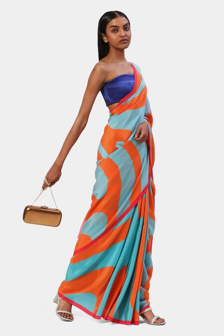 Buy Satya Paul Orange Satin, Georgette Hawaii Printed Saree With Running Blouse Online at Aza Fashions Buy_Satya Paul_Orange Satin, Georgette Hawaii Printed Saree With Running Blouse_Online_at_Aza_Fashions