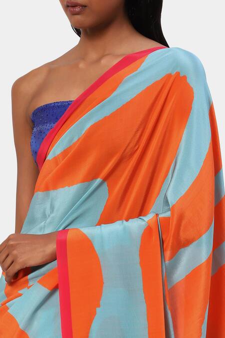 Shop Satya Paul Orange Satin, Georgette Hawaii Printed Saree With Running Blouse Online at Aza Fashions Shop_Satya Paul_Orange Satin, Georgette Hawaii Printed Saree With Running Blouse_Online_at_Aza_Fashions
