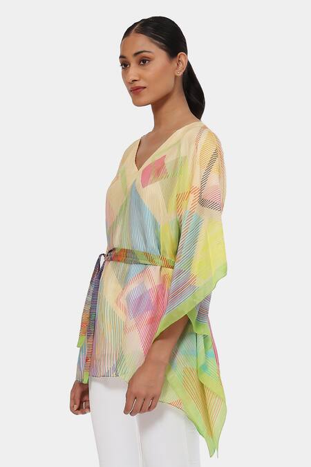 Satya Paul_Yellow V-neck Sunny Serenade Short Kaftan _Online_at_Aza_Fashions