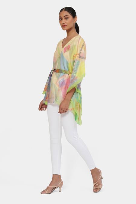Shop_Satya Paul_Yellow V-neck Sunny Serenade Short Kaftan _Online_at_Aza_Fashions