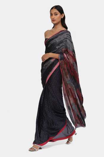 Satya Paul_Red Satin, Georgette Embroidery Nebula Nocturne Saree With Running Blouse_Online_at_Aza_Fashions