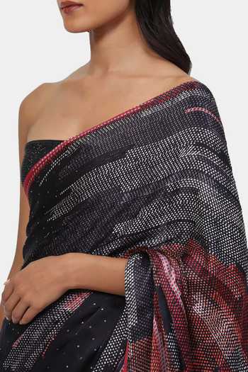 Shop_Satya Paul_Red Satin, Georgette Embroidery Nebula Nocturne Saree With Running Blouse_Online_at_Aza_Fashions