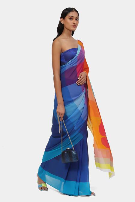 Buy_Satya Paul_Blue Georgette Summer Palatte Warm Printed Saree With Running Blouse_Online_at_Aza_Fashions