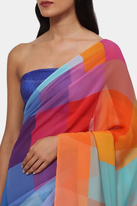 Shop_Satya Paul_Blue Georgette Summer Palatte Warm Printed Saree With Running Blouse_Online_at_Aza_Fashions