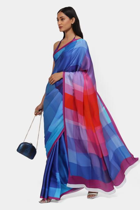Satya Paul_Blue Satin, Georgette Summer Palatte Warm Saree With Running Blouse_Online_at_Aza_Fashions