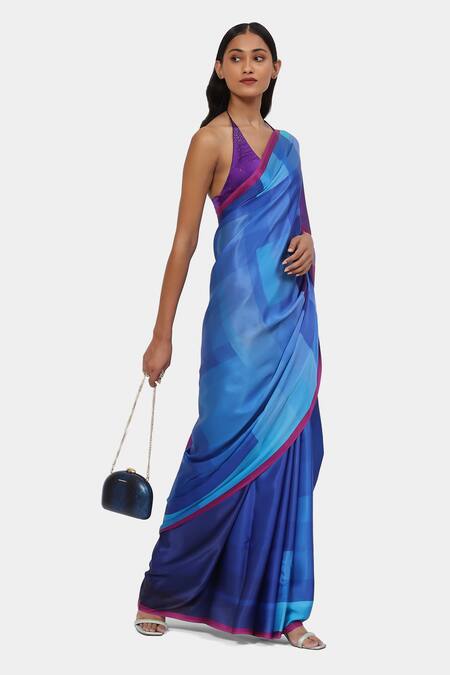 Buy_Satya Paul_Blue Satin, Georgette Summer Palatte Warm Saree With Running Blouse_Online_at_Aza_Fashions