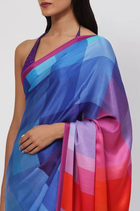 Shop_Satya Paul_Blue Satin, Georgette Summer Palatte Warm Saree With Running Blouse_Online_at_Aza_Fashions