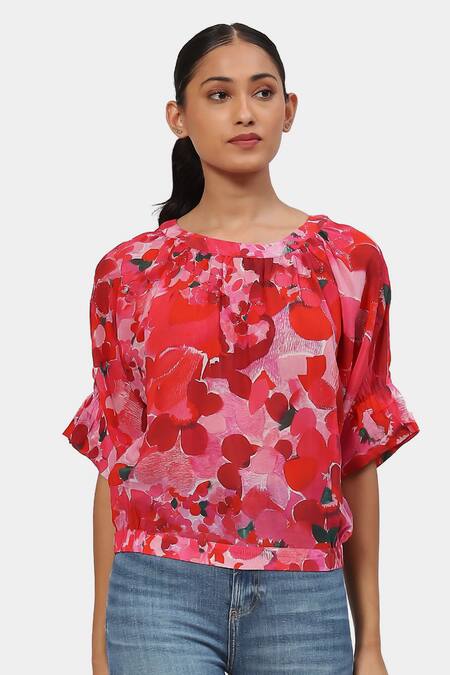 Satya Paul Pink Round Neck Scarlet Oasis Printed Top 