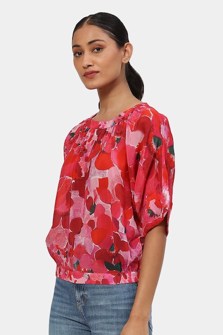 Satya Paul_Pink Round Neck Scarlet Oasis Printed Top _Online_at_Aza_Fashions