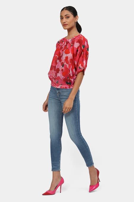 Shop_Satya Paul_Pink Round Neck Scarlet Oasis Printed Top _Online_at_Aza_Fashions