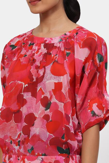 Satya Paul_Pink Round Neck Scarlet Oasis Printed Top _at_Aza_Fashions