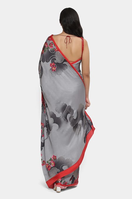 Shop Satya Paul Grey Georgette, Satin Crystals Melancholic Printed Saree With Running Blouse at Aza Fashions Shop_Satya Paul_Grey Georgette, Satin Crystals Melancholic Printed Saree With Running Blouse _at_Aza_Fashions