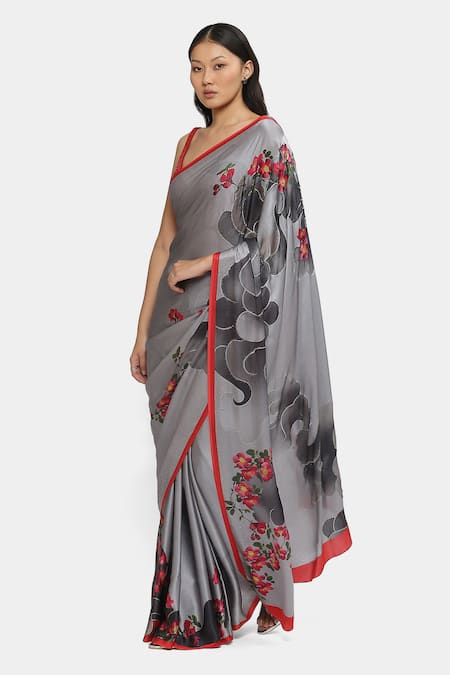 Satya Paul Grey Georgette, Satin Crystals Melancholic Printed Saree With Running Blouse Online at Aza Fashions Satya Paul_Grey Georgette, Satin Crystals Melancholic Printed Saree With Running Blouse _Online_at_Aza_Fashions