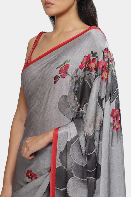 Shop Satya Paul Grey Georgette, Satin Crystals Melancholic Printed Saree With Running Blouse Online at Aza Fashions Shop_Satya Paul_Grey Georgette, Satin Crystals Melancholic Printed Saree With Running Blouse _Online_at_Aza_Fashions