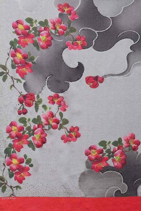 Satya Paul Grey Georgette, Satin Crystals Melancholic Printed Saree With Running Blouse at Aza Fashions Satya Paul_Grey Georgette, Satin Crystals Melancholic Printed Saree With Running Blouse _at_Aza_Fashions