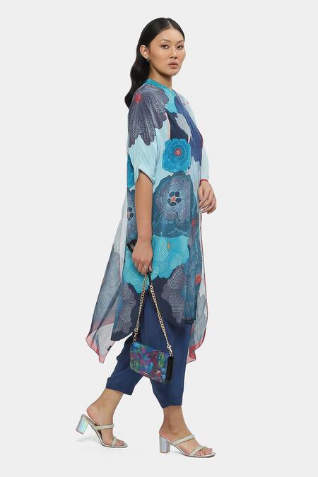 Satya Paul_Blue Cotton Bandeau Neck Floral Print Kurta And Salwar Set _at_Aza_Fashions
